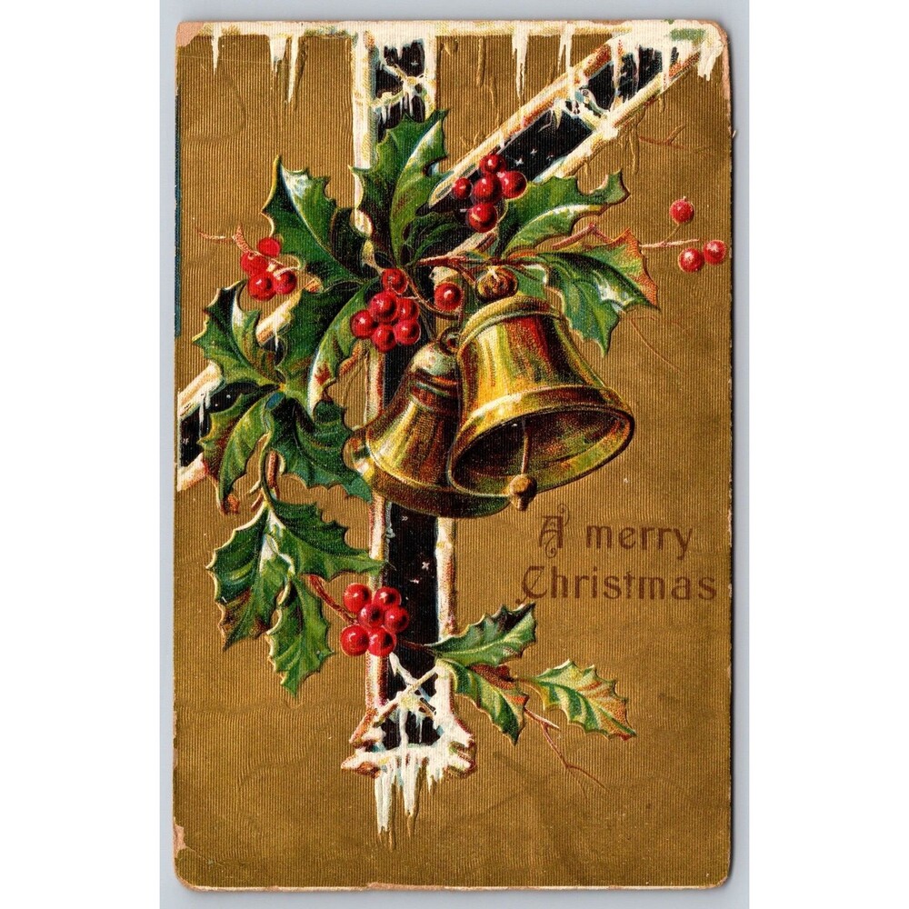 Antique Postcard Merry Christmas Bells Holly Berries Gold Embossed Posted 1909